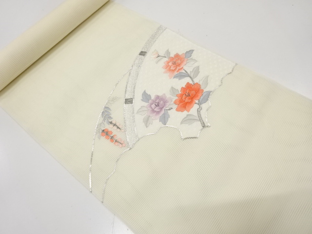 アンティーク　絽　光悦垣に牡丹・藤模様　刺繍　名古屋帯地反物